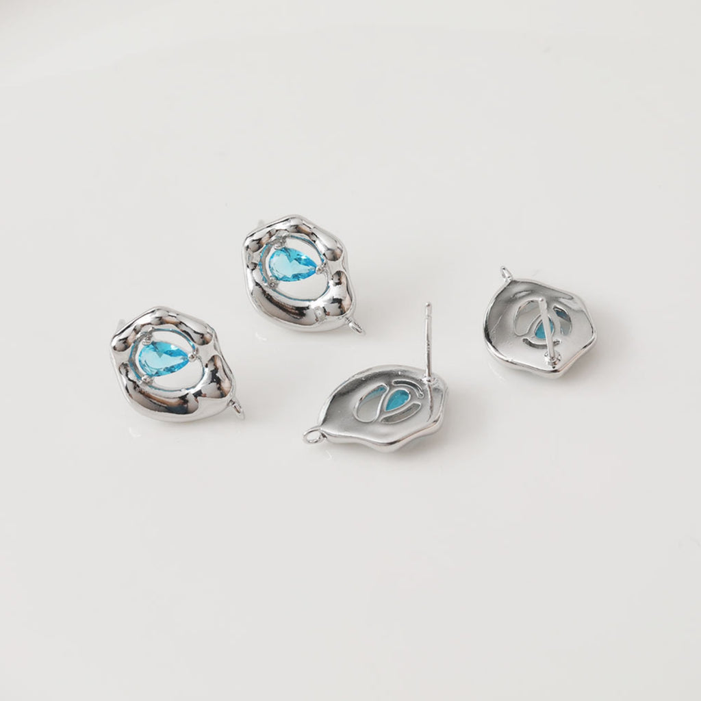 Irregular Zirconia Earring Post, 14K Gold/Silver, Blue CZ, S925 Silver Pin Nickel Free Earrings, Eye Shape Ear Stud with Loop BB032