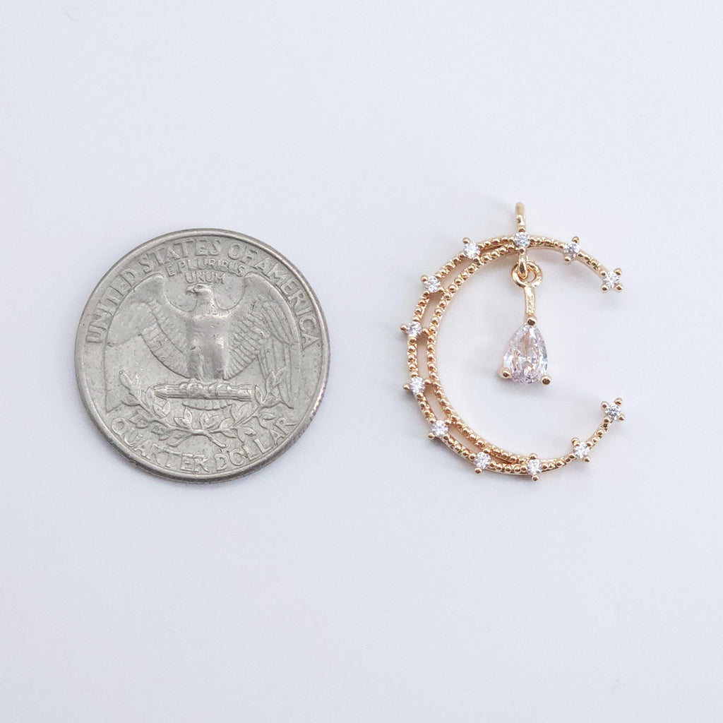 CZ Pave Moon and Star Charm, Cubic Zircon Crystal Pendant, CZ Earring Charms,  Real Gold Plated Earring Charms, Jewelry Findings ZR017-F124
