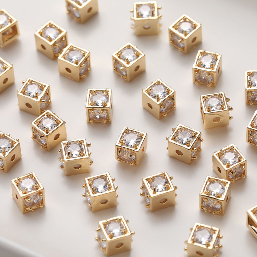 Square Cube Beads, 18K Gold Plated Beads, CZ Pave Bracelet Beads, Square Spacer Beads, Jewelry Finding JG025