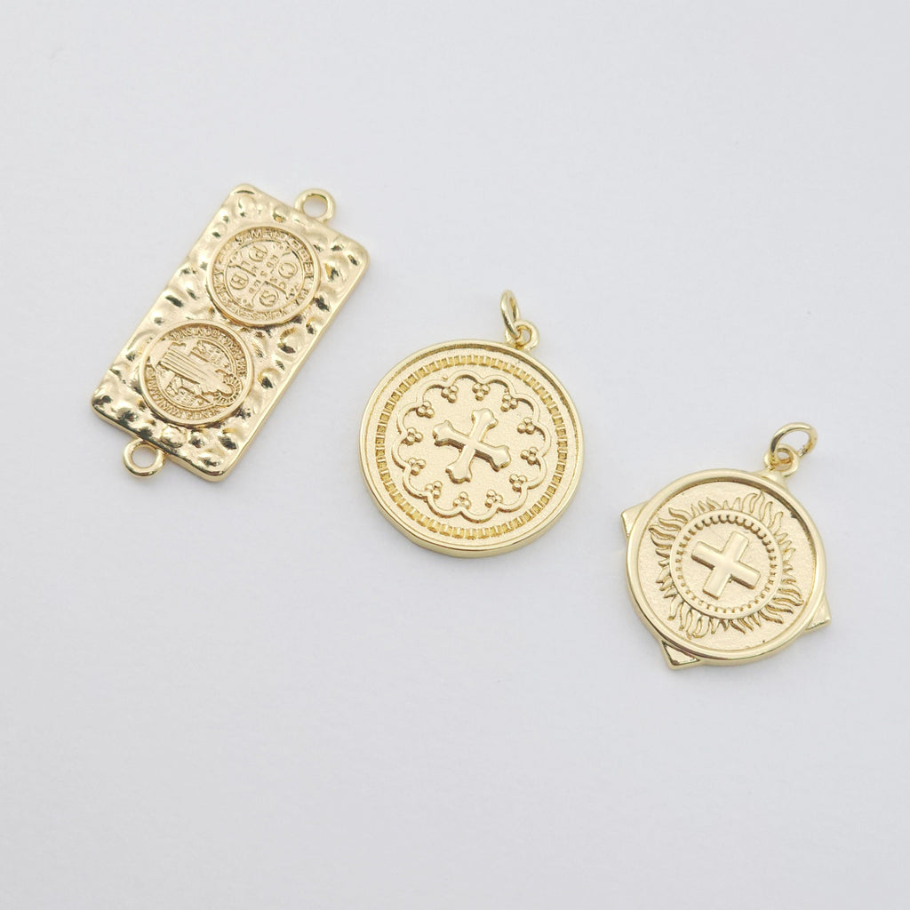 Cross Charm, Coin Pendant, Rectangle Connector, 18K Gold Plated CZ Pave Religions Pendant, Necklace Making Charm, Jewelry Findings S1168