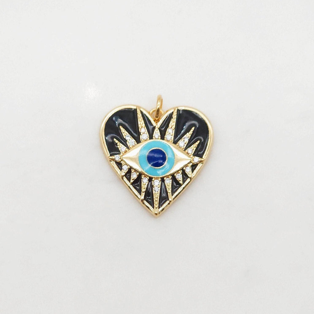 Black Heart Shape Evil Eye Charm, 18K Gold Plated Micro CZ Pave Enamel Eye Pendant, 22.5mm, Necklace Making Charm, Jewelry Findings S20405