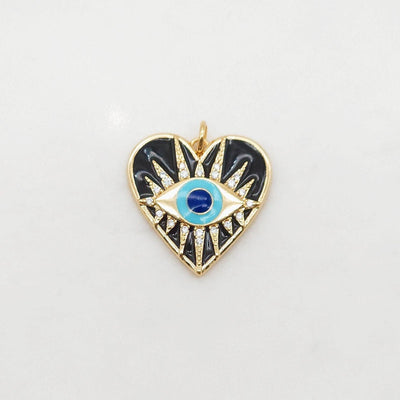 Black Heart Shape Evil Eye Charm, 18K Gold Plated Micro CZ Pave Enamel Eye Pendant, 22.5mm, Necklace Making Charm, Jewelry Findings S20405