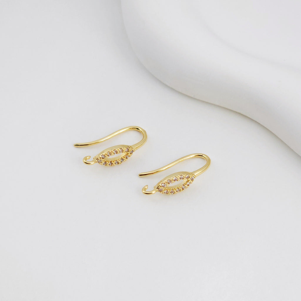 18K Gold Plated Ear Wires, Oval Cubic Pave Earring Hooks, Nickel Free, Fish Hooks, Ear Wires for Jewelry Making D0139