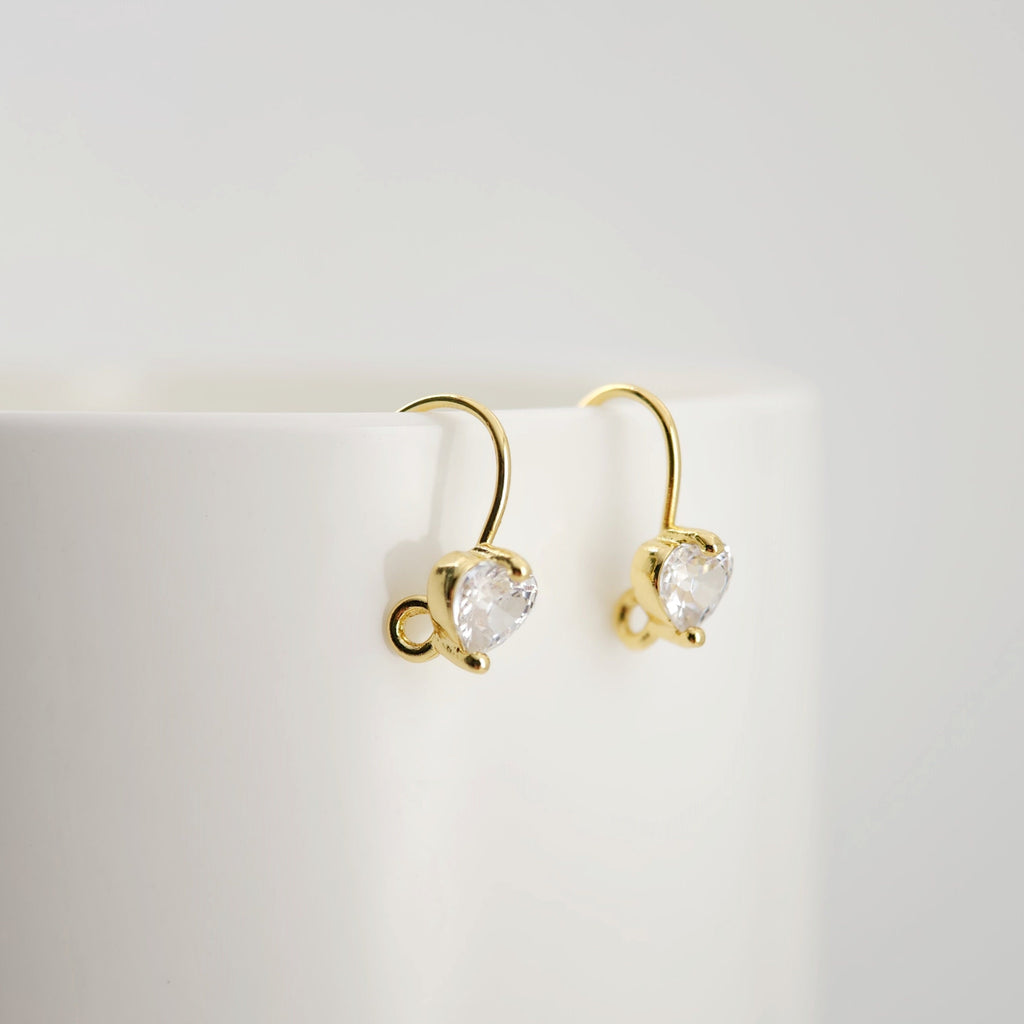 18K Gold Plated Ear Wires, heart Cubic Pave Earring Hooks, Nickel Free, Fish Hooks, Ear Wires for Jewelry Making D0169