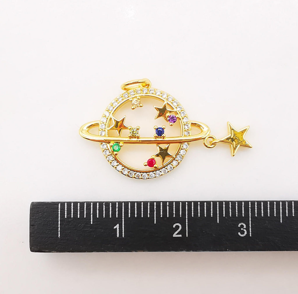 2pcs Saturn Planet Charm, Multi-colored Cubic Planet Pendant, 18K Gold Plated, Necklace Making Charms, Jewelry Findings S932