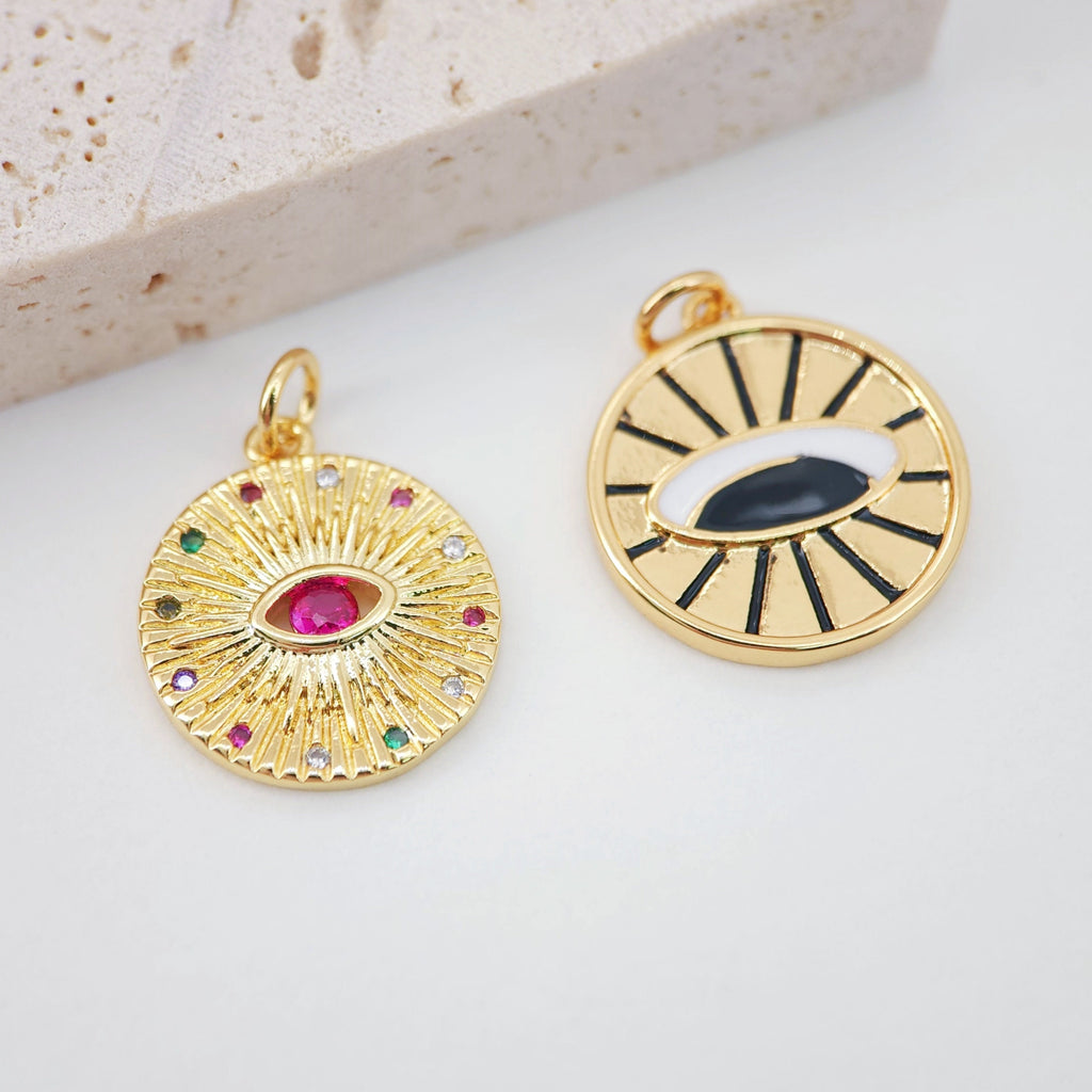 Red Cubic Evil Eye Charm, 18K Gold Plated Micro CZ Pave Round Pendant, 16mm, Necklace Making Charm, Jewelry Findings S893