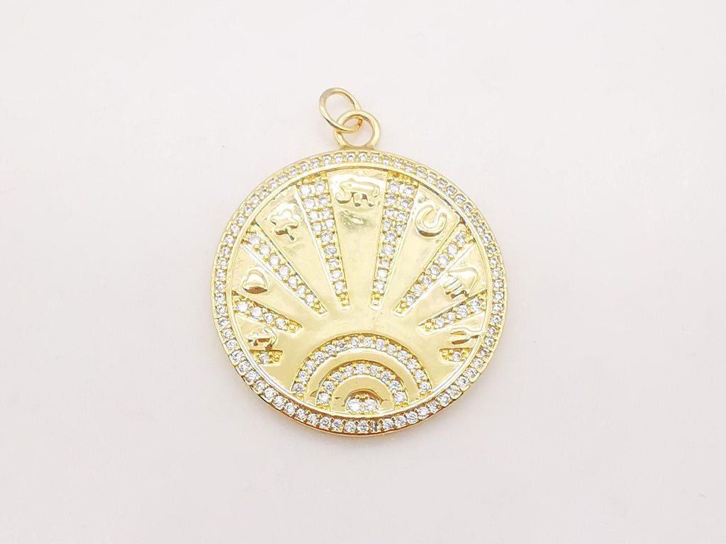 Gold Sun Charm, Cubic Sunshine Round Pendant, 18K Shiny Gold Plated Micro CZ Pave, 28mm, Necklace Making Charm, Jewelry Findings S20729