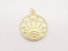 Load image into Gallery viewer, Gold Sun Charm, Cubic Sunshine Round Pendant, 18K Shiny Gold Plated Micro CZ Pave, 28mm, Necklace Making Charm, Jewelry Findings S20729