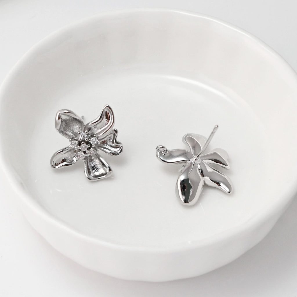 CZ Pave Flower Earrings Post With Loop, 18K Gold Plated, Nickel Free, S925 Silver Pin,Ear Stud Hypoallergenic Earring Findings D0477