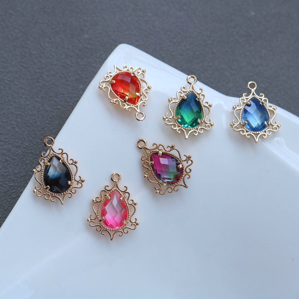 10pcs- Vintage Crystal Teardrop Charms, 14K Gold Plated Teardrop Pendant, 19x31mm, Jewelry Findings HL054-F147
