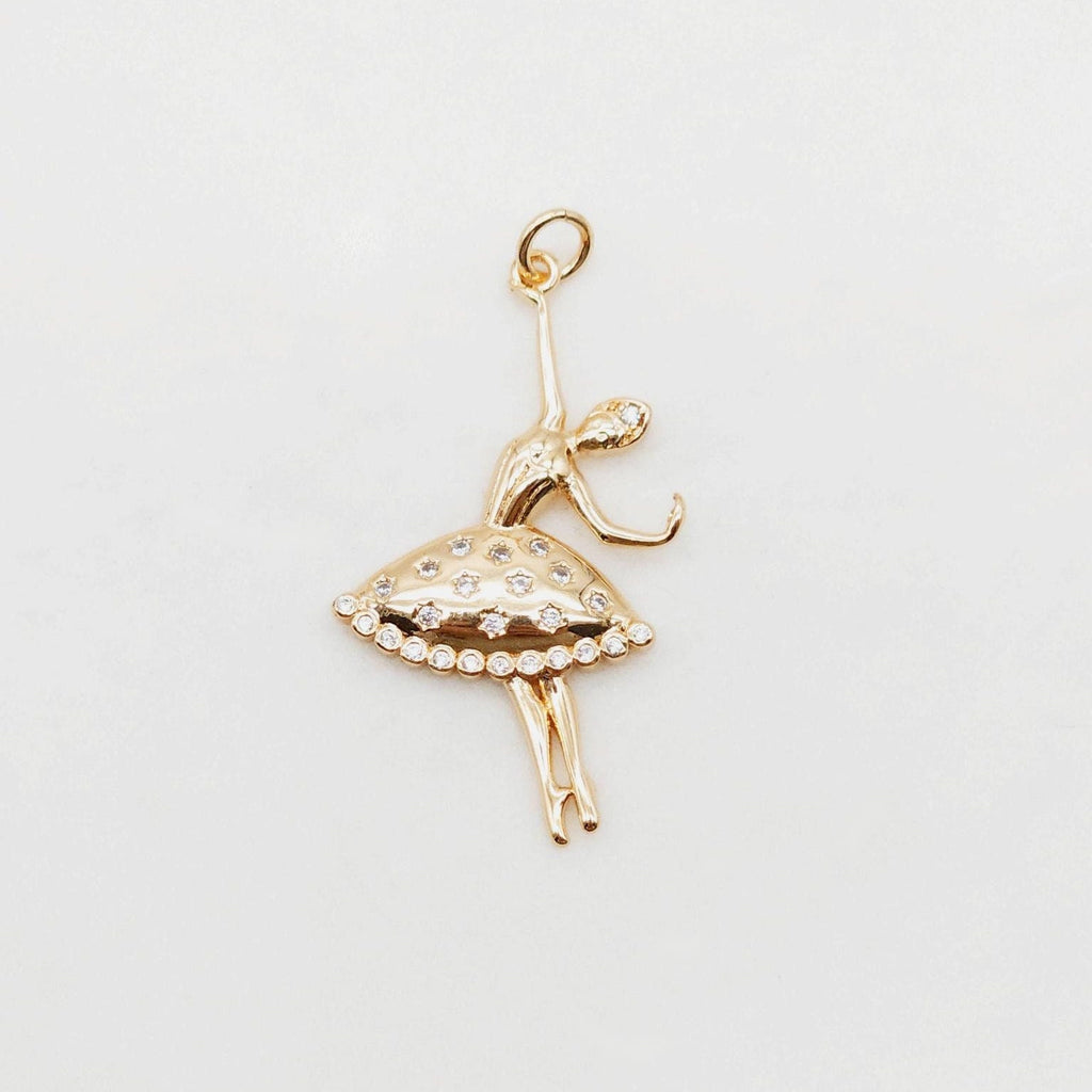 Dancing Girl Pendant, Ballet Girl Charm, CZ Pave, 18K Gold/Silver Plated, 36mm, Necklace Making Charm, Jewelry Findings Round S20402