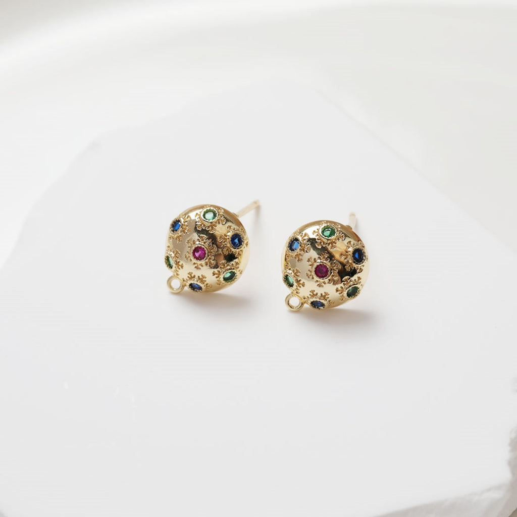Round Pave Colored CZ Earring Post, S925 Silver Pin, 14K Gold/Silver Plated, Nickel Free Earrings, Irregular Shape Ear Stud with Loop GZ109