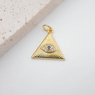 Triangles Evil Eye Charm, 18K Gold Plated Micro CZ Pave Eye Pendant, 16mm, Necklace Making Charm, Jewelry Findings S20259