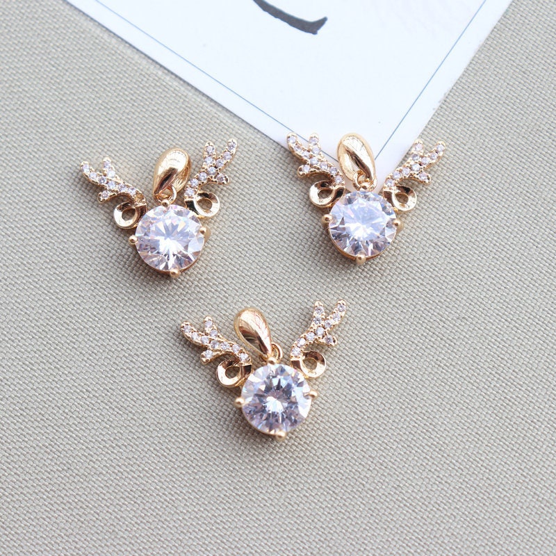 10pcs CZ Pave Small Deer Charm, Cubic Zircon Crystal Pendant, Bracelet Necklace Pendant, 14K Real Gold Plated, Jewelry Findings JY074-F217