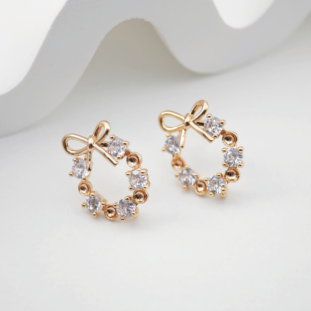 Oval Bow Pave CZ Earring Post, 18K Gold Plated, S925 Silver Pin Nickel Free Earrings, Hypoallergenic Earring Findings ZX213