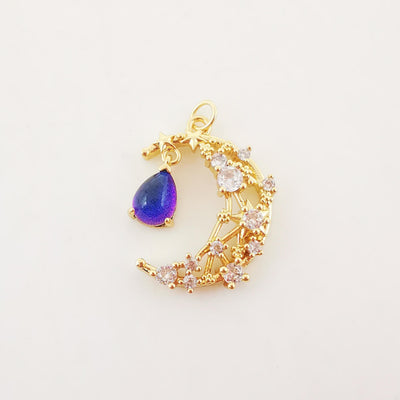 Dainty Crescent Moon Charm, CZ Pave Moon Pendant, Drop Crystal Multi Color, 18K Gold Plated, Necklace Pendant Findings S20276