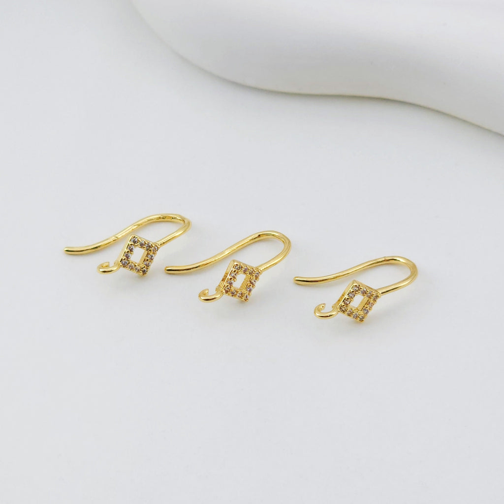 18K Gold Plated Ear Wires, Rhombic Cubic Pave Earring Hooks, Nickel Free, Fish Hooks, Ear Wires for Jewelry Making D0134