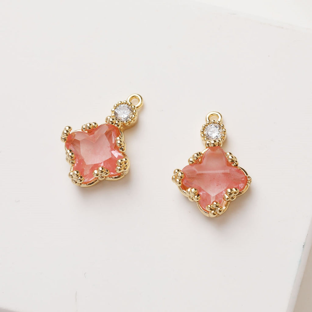 Four-leaf Clover Flower Crystal Charm with loops, Rhinestone Pendant, Bracelet Necklace Making, Gold Plated Jewelry Findings GZ381