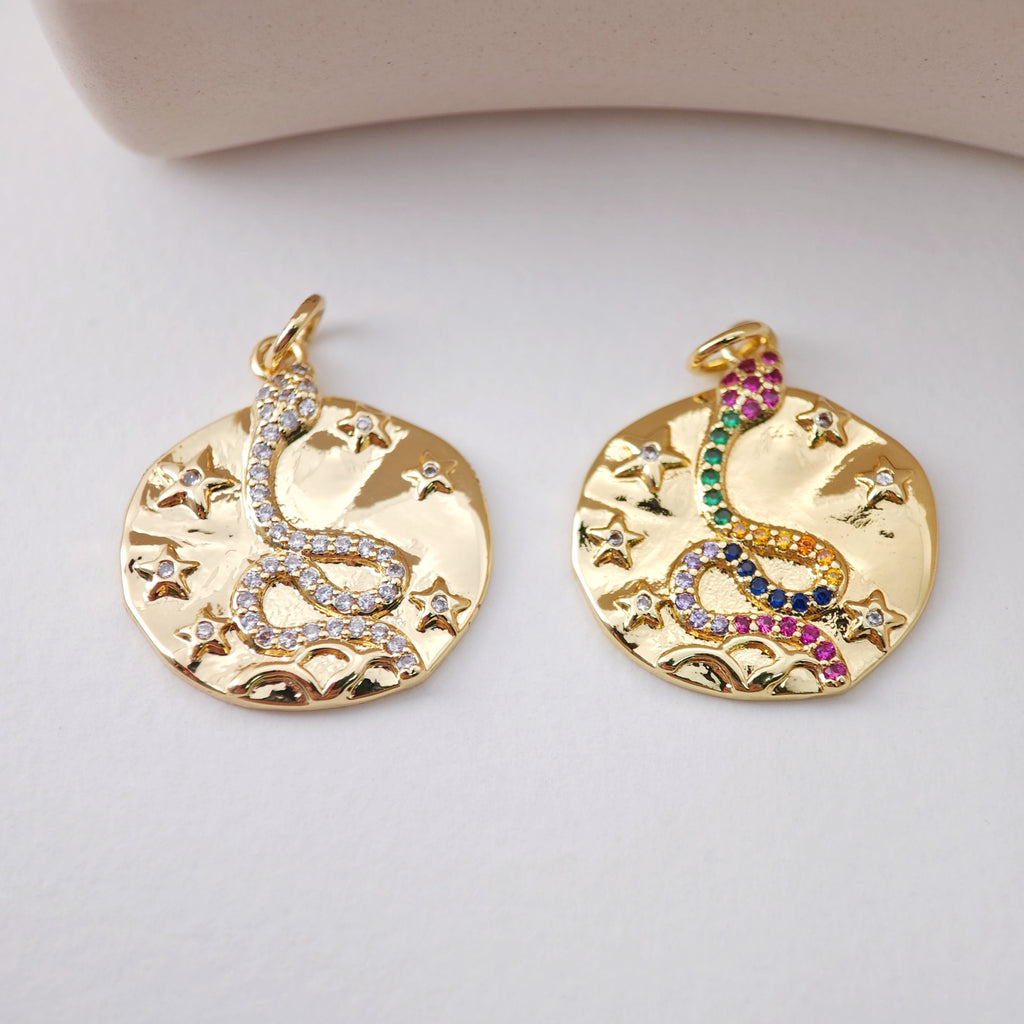 Snake Charm, Dainty CZ Pave, Round Pendant, 18K Gold Plated, Snake Pendant, Bracelet Necklace Making Charm, Jewelry Finding S1213
