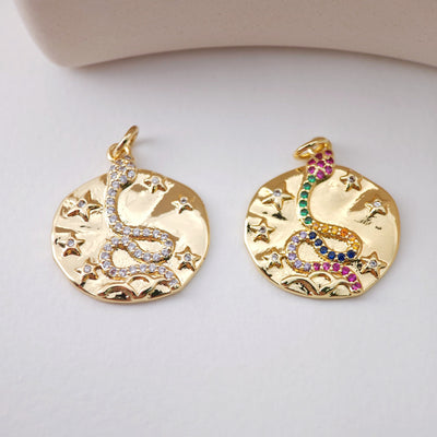 Snake Charm, Dainty CZ Pave, Round Pendant, 18K Gold Plated, Snake Pendant, Bracelet Necklace Making Charm, Jewelry Finding S1213