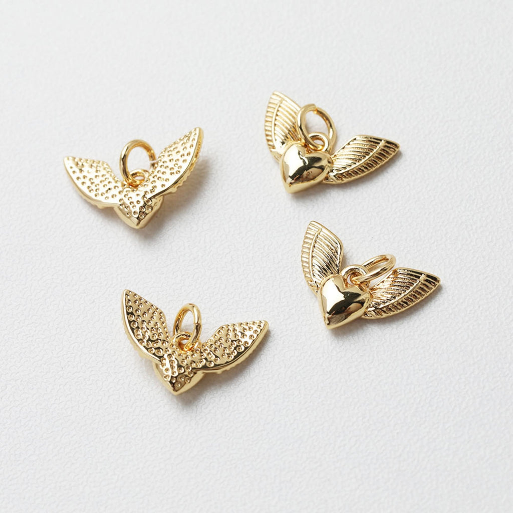Gold Wings of Love Pendant, 14K Gold Wing Charm, Heart Charm for Necklace Making, Jewelry Findings GT032