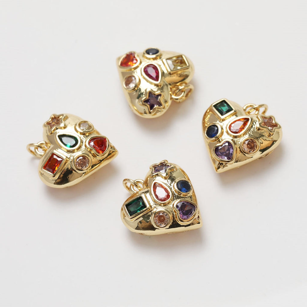 Gold Heart Charms, Rainbow CZ Pave, 18K Gold Plated, Love Pendant, Necklace Making Pendants, Jewelry Findings GZ343