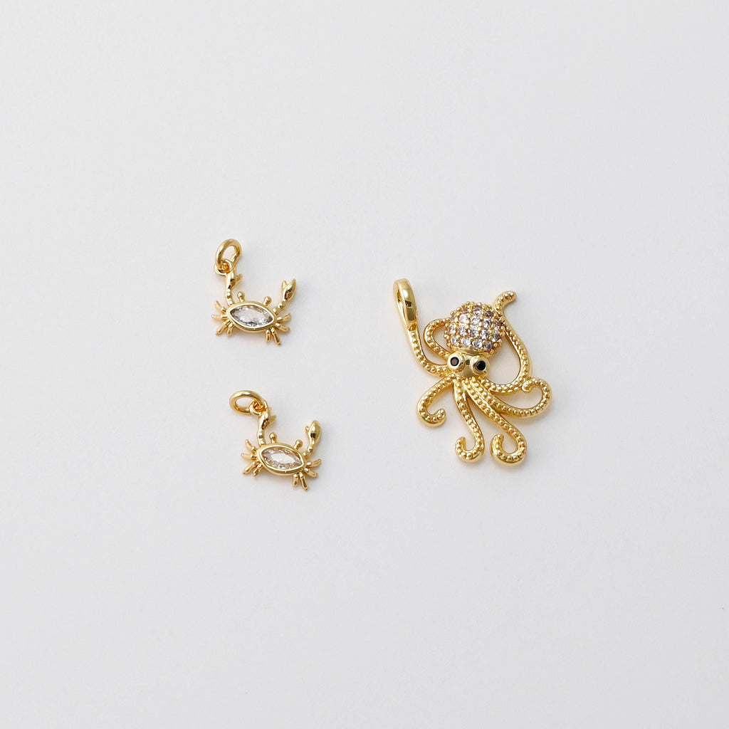 Octopus Charms, Crab Charms, 18K Gold Plated Cubic Micro CZ Pave Charms, Octopus Pendant for Necklace Jewelry Findings