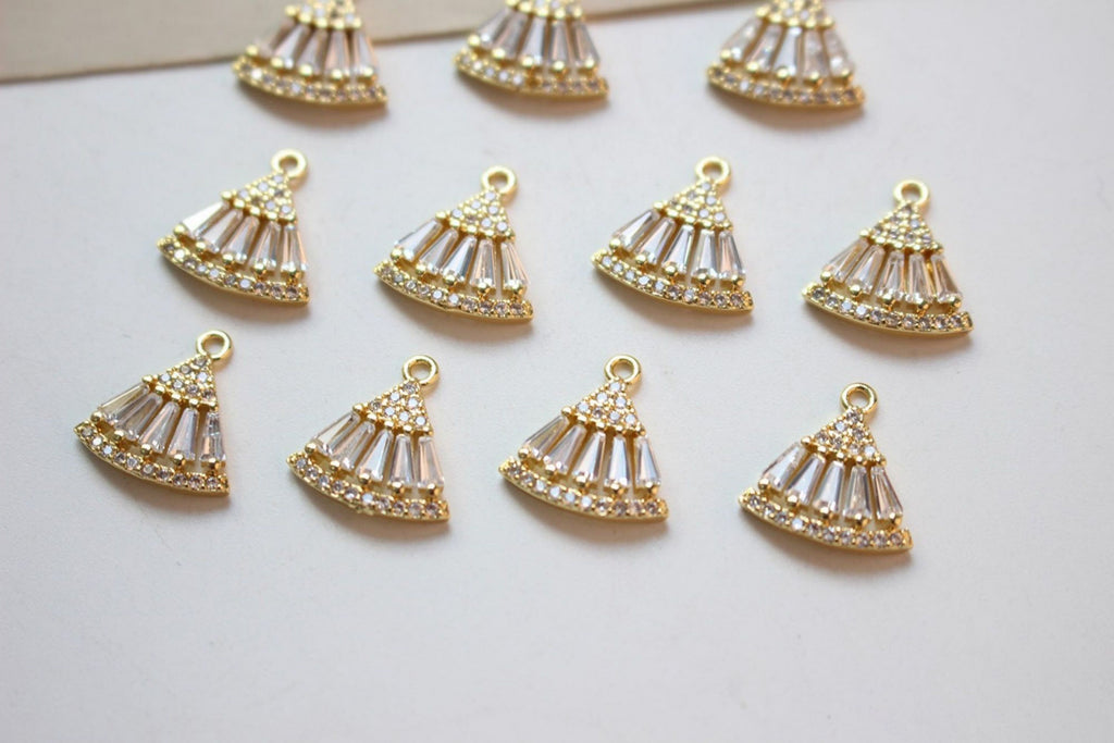 CZ Pave Fan Shape Charm, Cubic Zircon Crystal Fan Connector, CZ Earring Charms, Gold Plated  Earring Charms, Jewelry Findings BB030-F031