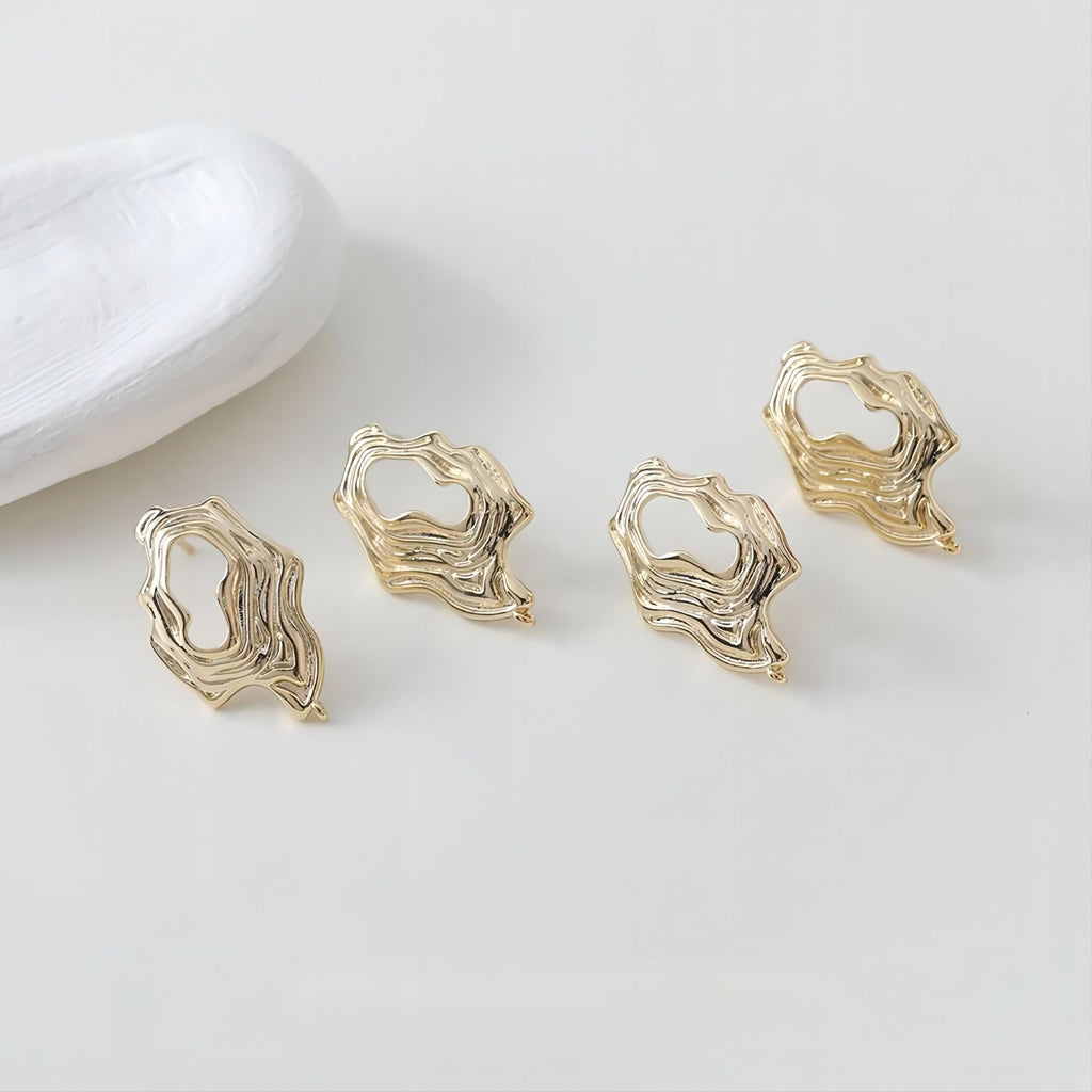 Irregular 14K Gold Pleated Openwork Post with Loop, Gold/Silver, S925 Silver Pin Nickel Free Earrings, Hypoallergenic Earring Findings GE022