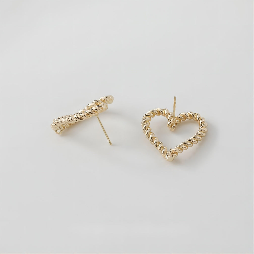 Gold Vintage Heart Earring Post, 24mm, S925 Silver Ear Pin Nickel Free Earrings, Ear Stud Loop, Hypoallergenic Earring Findings GE005