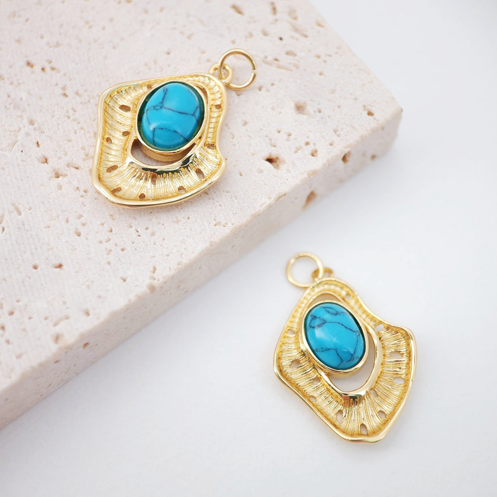 Woodland Plants Pendant, 18K Gold Plated, Turquoise, Necklace Making Charm, Jewelry Findings S20452