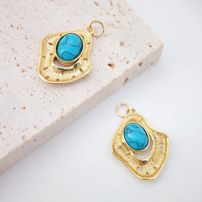 Woodland Plants Pendant, 18K Gold Plated, Turquoise, Necklace Making Charm, Jewelry Findings S20452