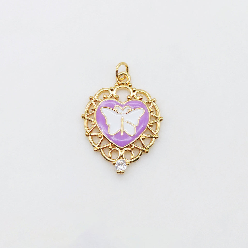 Enamel Butterfly Dangle Pendants, Heart Shape, 18K Gold Plated Enamel Butterfly Pendant, Earring Making Charm, Jewelry Findings S20552
