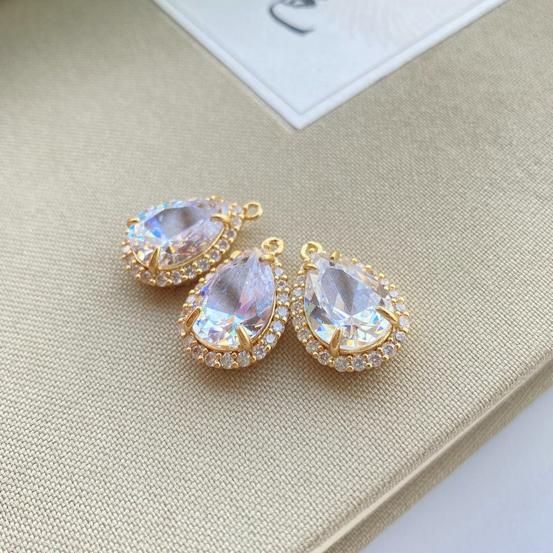 20pcs- Crystal Tiny Teardrop Charms, 14K Gold Plated Teardrop Pendant, 13x18mm, Jewelry Findings JY092-F077