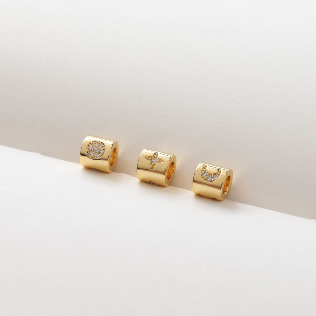 10PCS 6mm Moon Star Tube Spacer Beads, Micro Pave Symbols Large Hole Cubic Beads, 18K Gold Plated, Bracelet Making Jewelry Finding S240