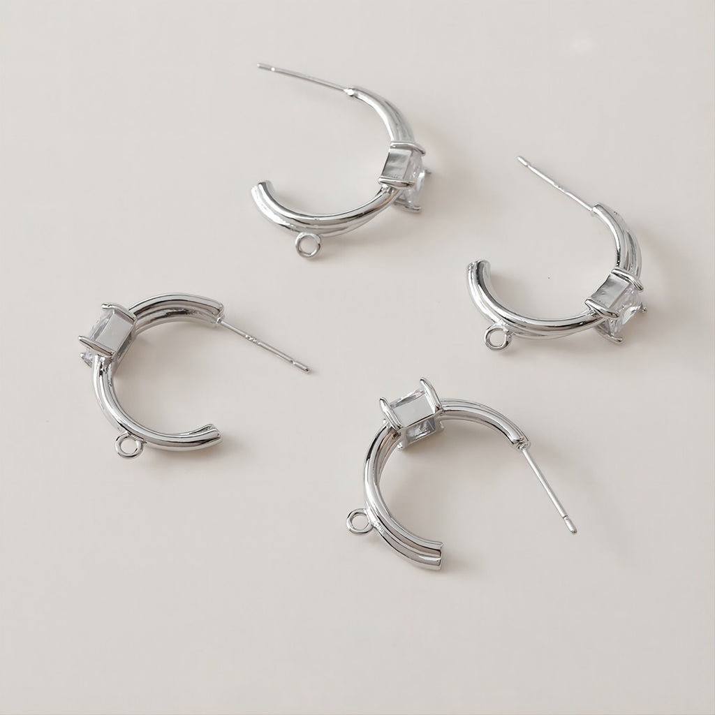 C Shape Earrings Post With Loop, 14K Gold/Silver Plated, S925 Silver Ear Pin Nickel Free Earrings, Pave Square CZ, Earring Findings JJ007