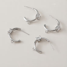 Load image into Gallery viewer, C Shape Earrings Post With Loop, 14K Gold/Silver Plated, S925 Silver Ear Pin Nickel Free Earrings, Pave Square CZ, Earring Findings JJ007