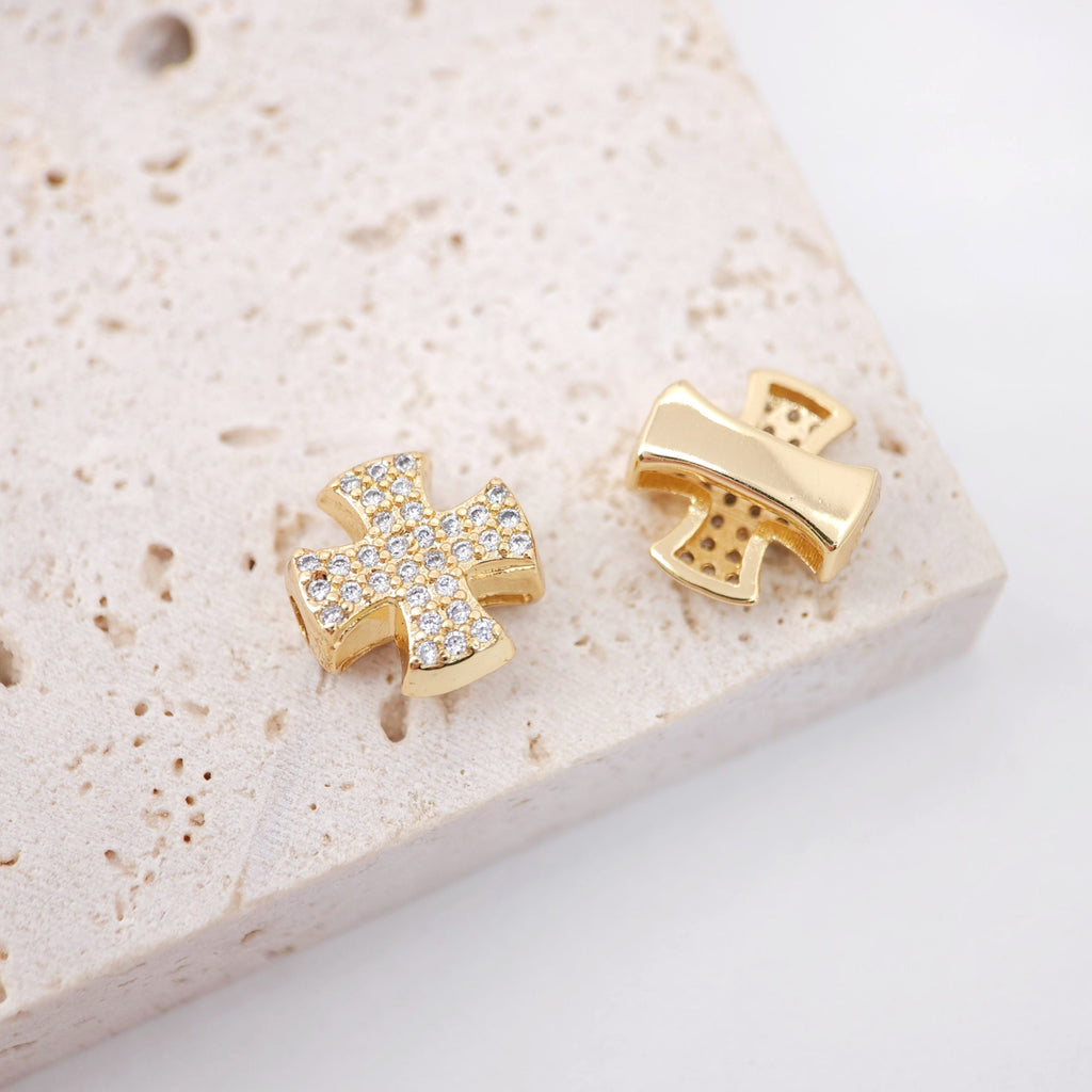 5pcs Cubic Cross Spacer Beads, 18K Gold Plated Micro CZ Pave Charm Bead,  12mm, Bracelet Necklace Making Pendant, Jewelry Finding S201