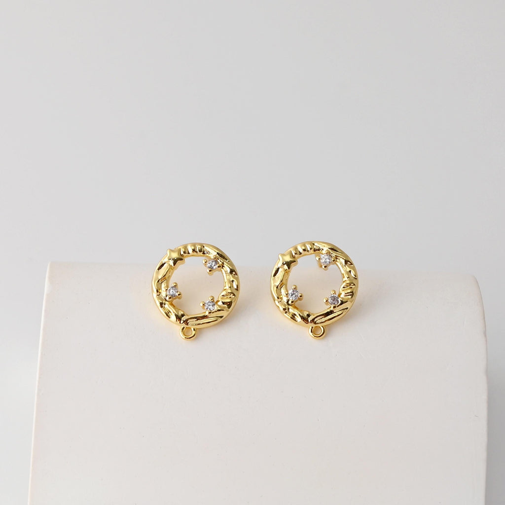 Round Earrings Post With Loop, CZ Pave, 18K Gold Plated, Nickel Free, S925 Silver Pin, Ear Stud Hypoallergenic Earring Findings D0402