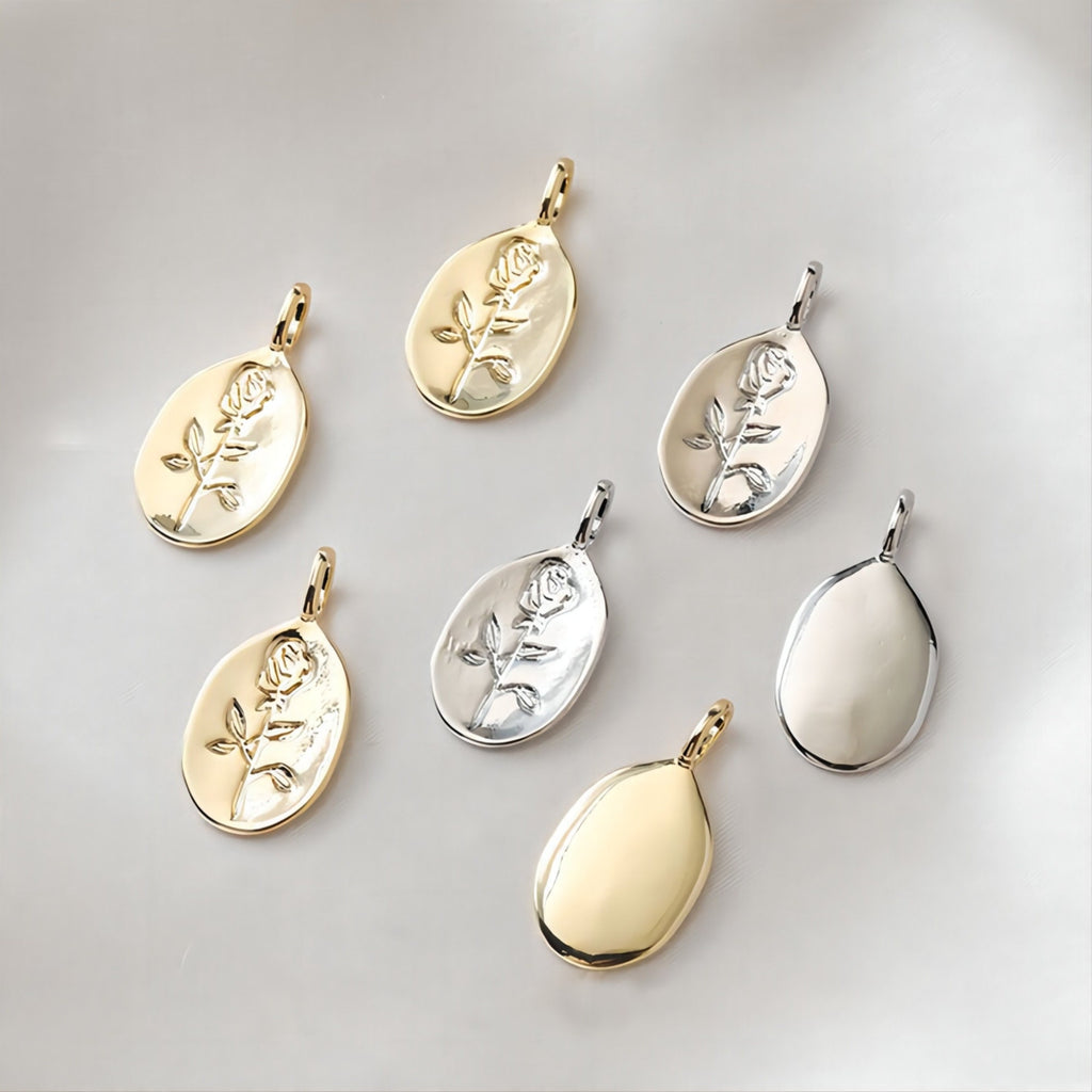 Rose Charm On Oval Shape, 18K Gold/Silver Plated, Flower Pendant, Necklace Earring Making Charms, 25mm, Jewelry Findings JH007