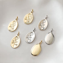 Load image into Gallery viewer, Rose Charm On Oval Shape, 18K Gold/Silver Plated, Flower Pendant, Necklace Earring Making Charms, 25mm, Jewelry Findings JH007