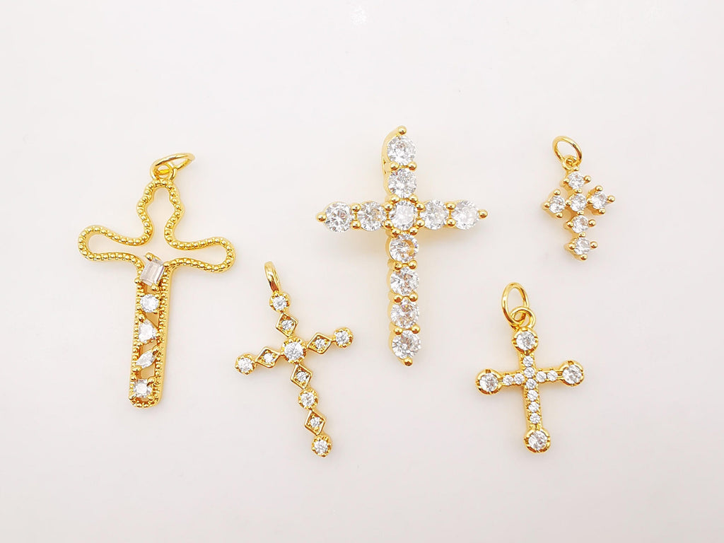 Cross Charms, CZ Pave Cross Pendant, Multiple Cross Styles, 18K Gold Plated Brass, Necklace Making Charms, Jewelry Findings S949
