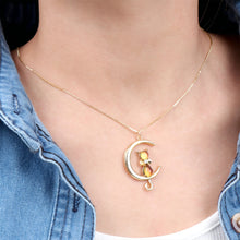 Load image into Gallery viewer, Dainty Cat on Moon Charm, CZ Pave Moon Pendant, Crystal Cat Multi Color, 18K Gold Plated, Necklace Pendant Findings S20278