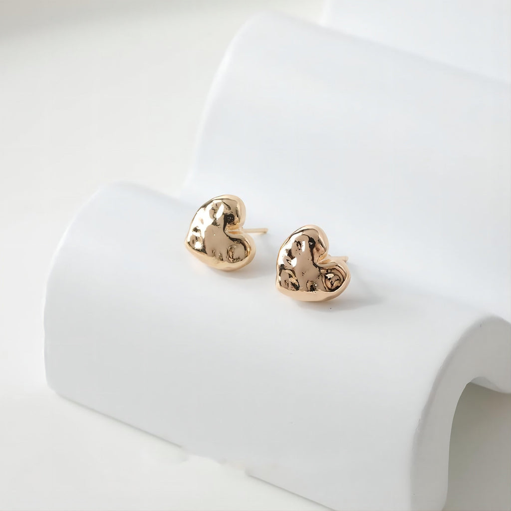 10pcs Gold Hammered Heart Earring Post, S925 Silver Pin Nickel Free Earrings, Heart Shape Ear Stud with Loop, Z098