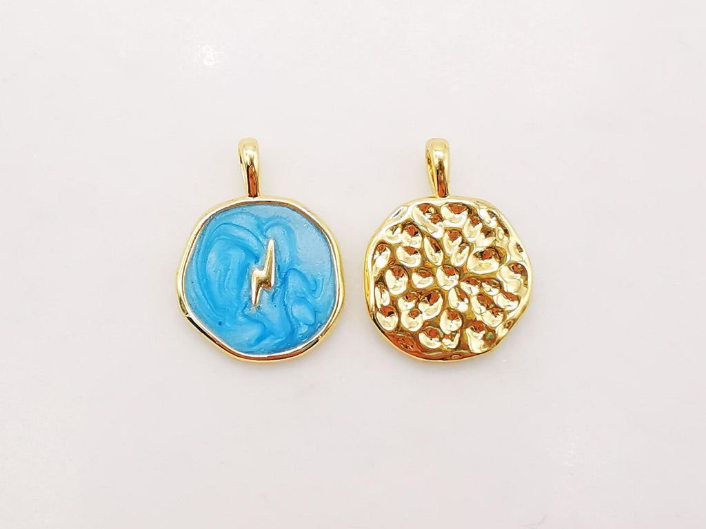 Multicolor Enamel Round Coin Charm, 18K Gold Plated Star/Heart/Moon/Wing/Light, 14mm, Necklace Bracelet Making Pendant, S910