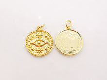 Load image into Gallery viewer, Evil Eye Coin Charm, 18K Gold Plated Round Eye Pendant, 16mm, Necklace Earring Bracelet Making Charm, Jewelry Findings S913