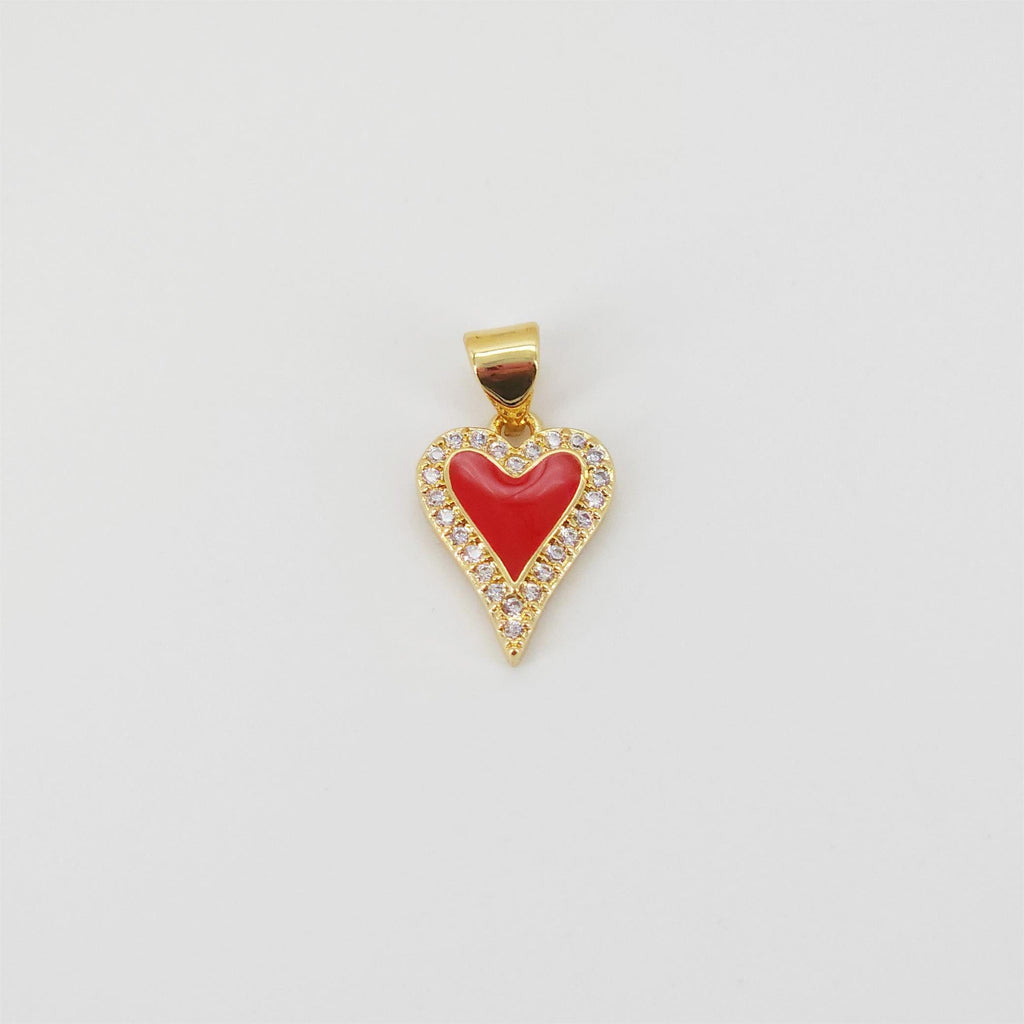 Heart Shape Charm, 18K Gold Plated Red Enamel Pendant, CZ Pave Necklace Making Charm, Jewelry Findings S20823