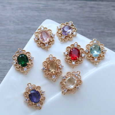 10pcs Flower Oval Charm, Cubic Zircon Crystal Flower Pendant, Real Gold Plated Brass Earring Charms, Jewelry Findings HL079-F119