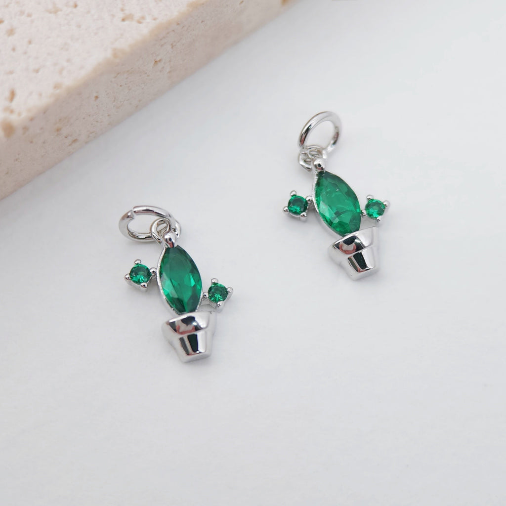 2PCS 10x7mm Green Cactus Charms, 18K Gold Plated Cubic Pave Charms, Tropical Plants Pendant,  Necklace charms, Jewelry Findings S628