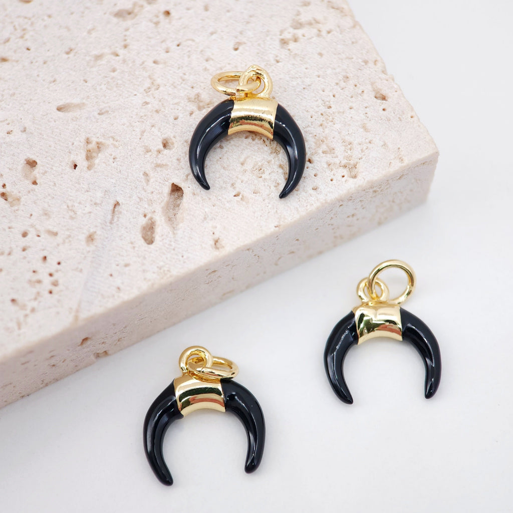 Enamel OX Horn Charm, 18K Gold Plated Crescent Moon Pendant, Black Horn Charm, Jewelry Findings S20258